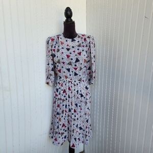 VTG Andrea Gayle Woman Geo Print Dress 3/4 Sleeve Pleated Multicolor Sz 8